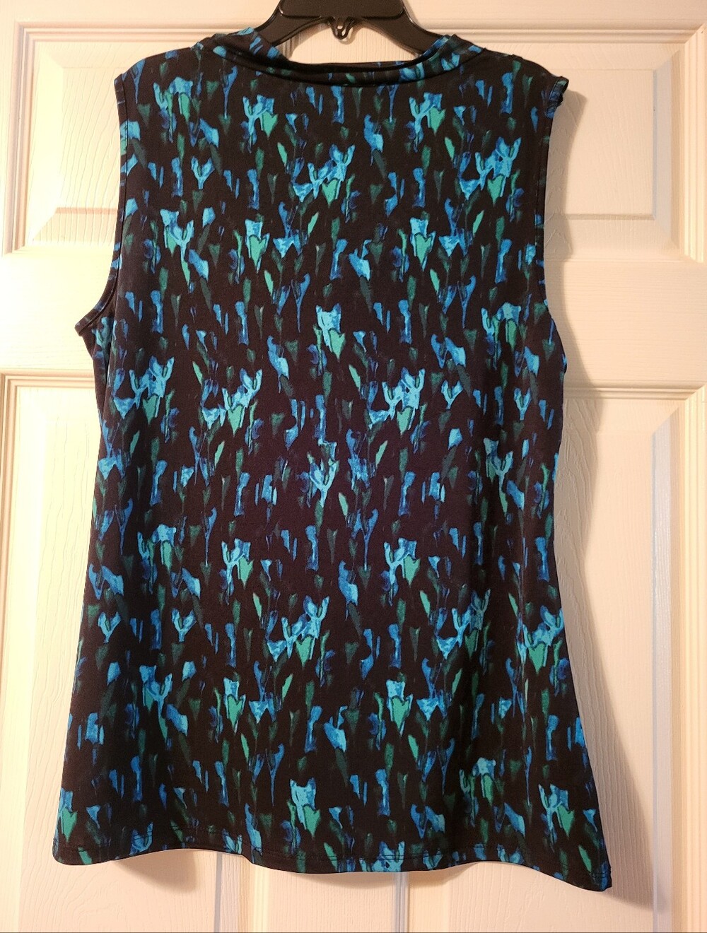 Dana Buchman Black Top with Blue & Teal Abstract Print and Cowl Neck - Picture 2 of 6